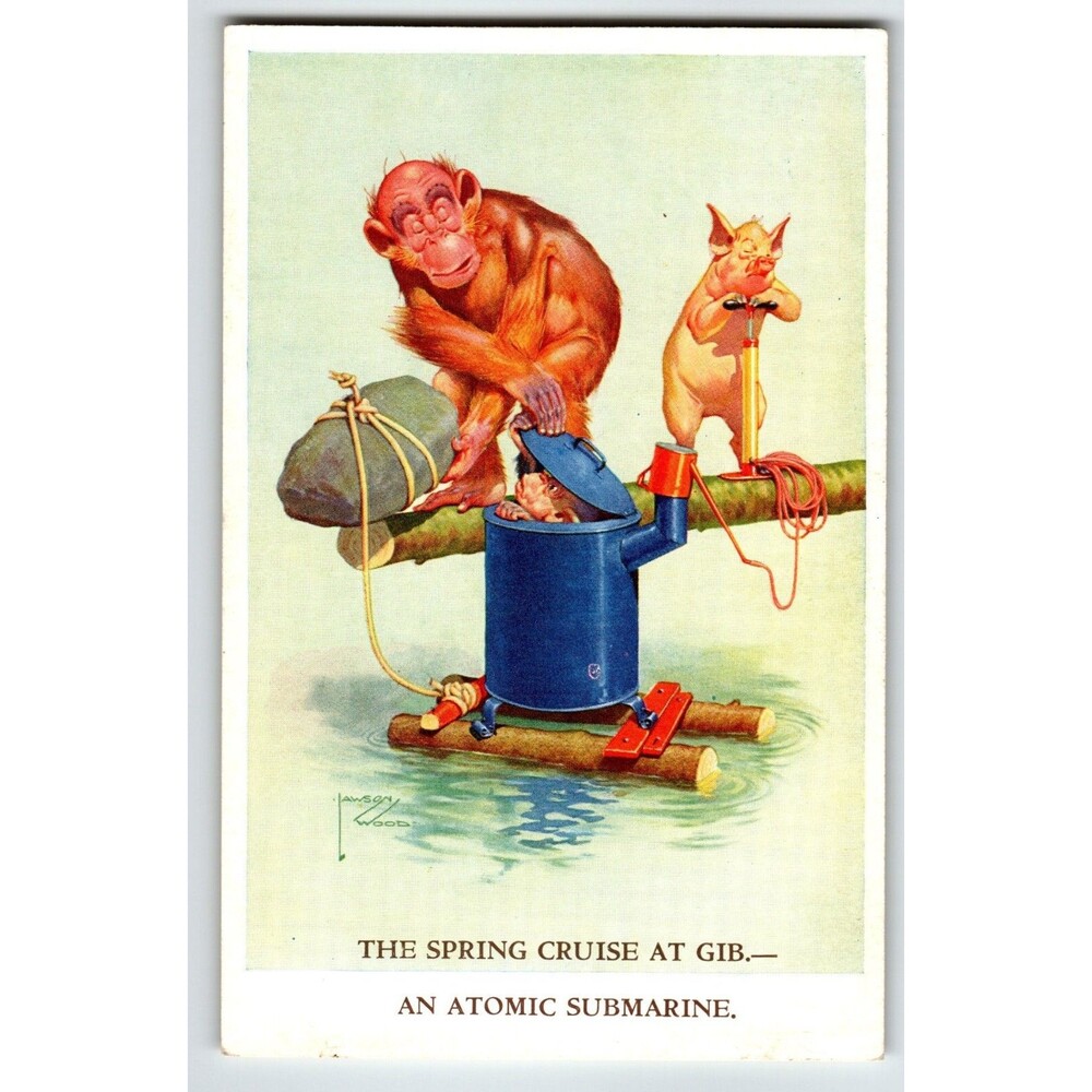 Monkey Chimp Pig Submarine Postcard Larson Wood Signed Fantasy Anthropomorphic
